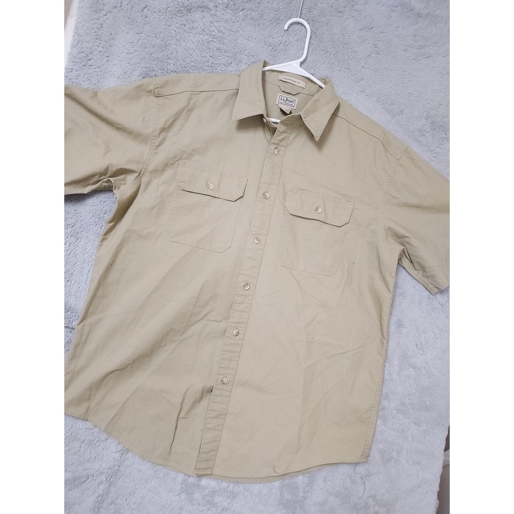 LL Bean Shirt Mens Large Sunwashed Canvas Short Sleeve Button Down Green Safari